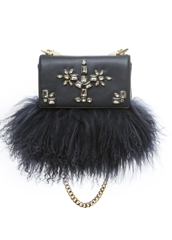 1-2 NAVY LAMA FUR AND CRYSTAL BAG - Image 1