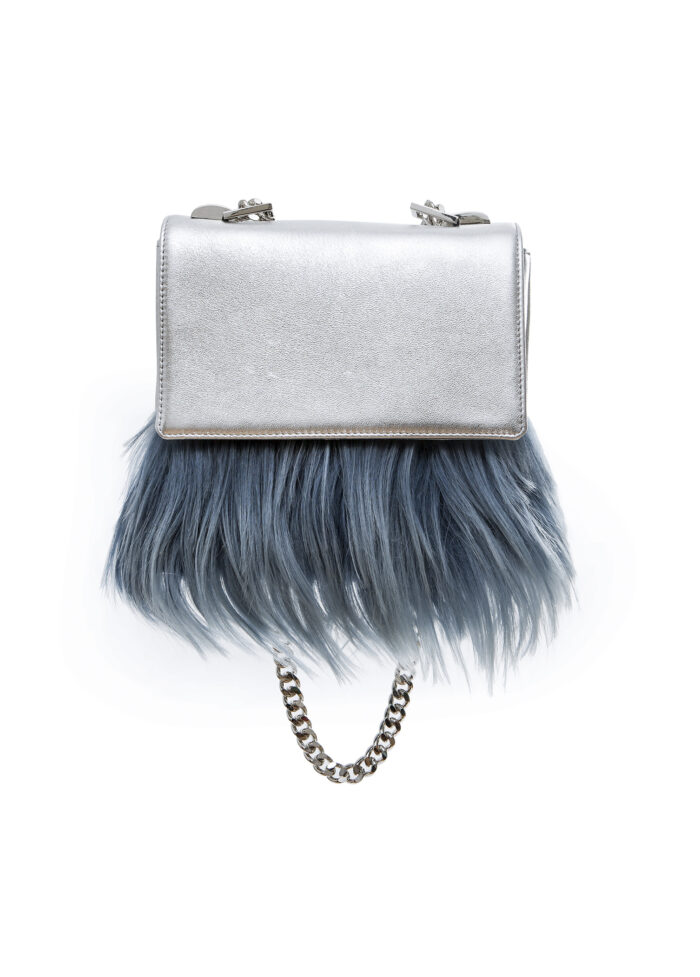 1-3 SILVER LEATHER AND MOUNTAIN GOAT FUR BAG - Image 1