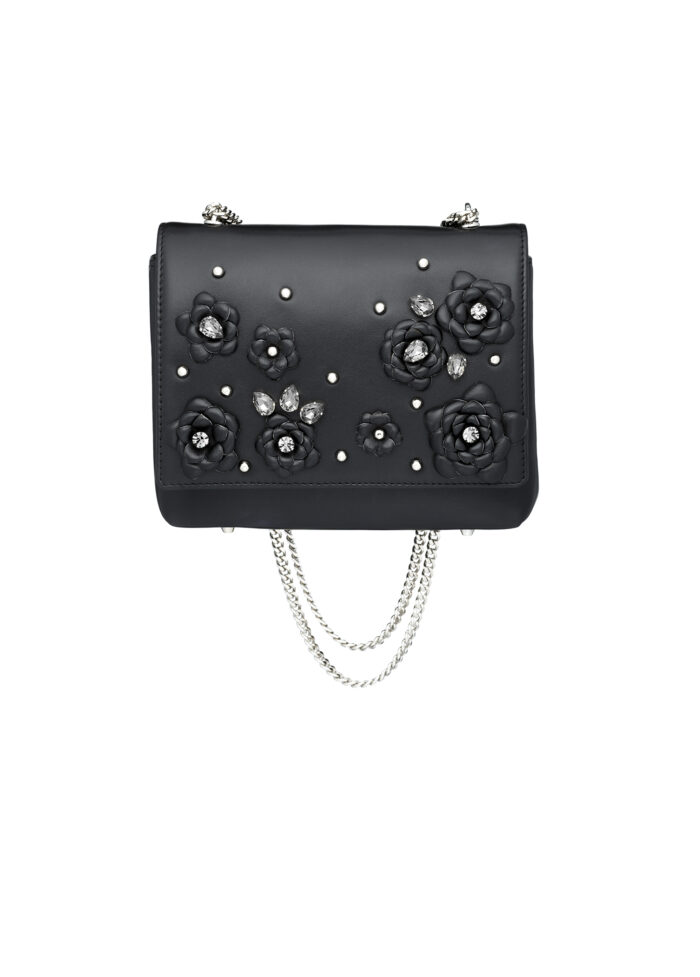 1-32 BLACK LEATHER AND CRYSTAL FLOWER BAG - Image 1