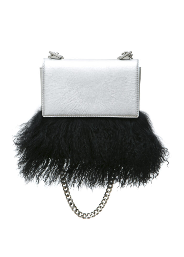 1-8 SILVER LEATHER AND LAMA FUR BAG - Image 1