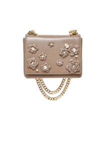 BEIGE LEATHER AND CRYSTAL FLOWER BAG