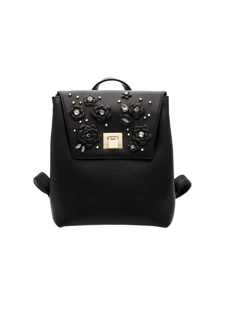 BLACK LEATHER AND CRYSTAL FLOWER BACKPACK MINI - Image 1