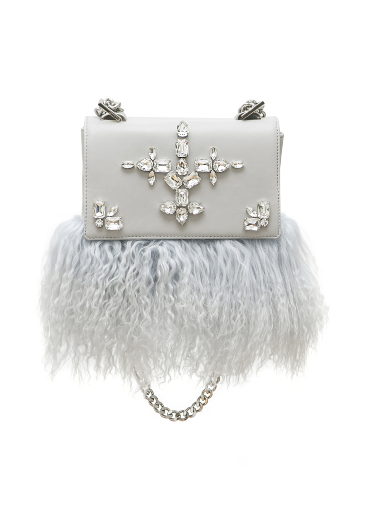 BLUE LEATHER SHOULDER BAG GRAY LAMA FUR AND CRYSTAL BAG - Image 1