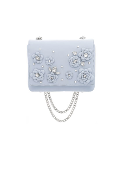 BLUE LEATHER AND CRYSTAL FLOWER BAG: 319€