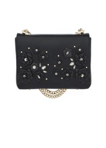 BLACK LEATHER AND CRYSTAL FLOWER BAG LARGE