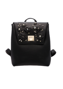 BLACK LEATHER AND CRYSTAL FLOWER BACKPACK