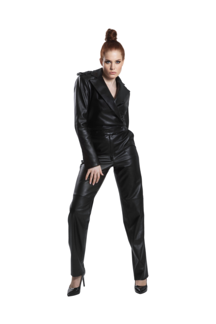BLACK LEATHER JUMPSUIT