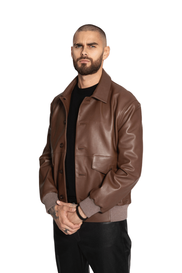 FMS_5459-removebg BROWN LEATHER BOMBER JACKET - Image 1