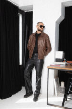 BROWN LEATHER BOMBER JACKET - Image 9