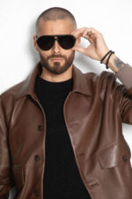 BROWN LEATHER BOMBER JACKET - Image 13