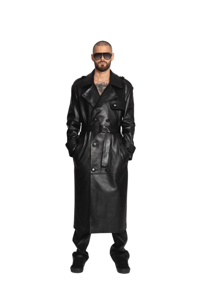 BLACK LEATHER TRENCH COAT - Image 1