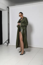 OLIVE GREEN LEATHER TRENCH COAT - Image 3