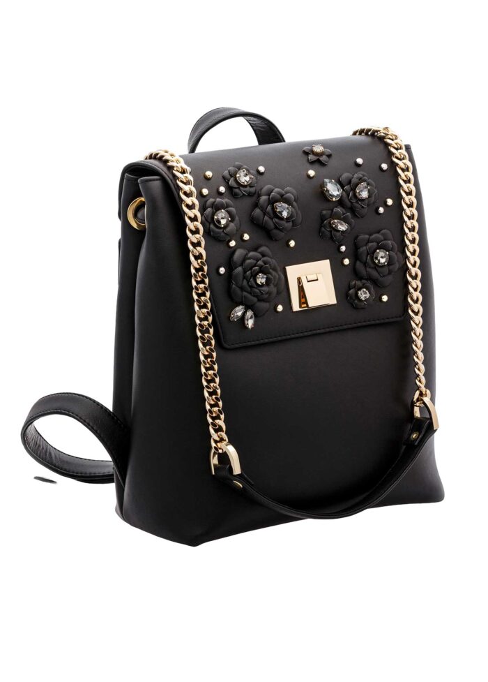 BLACK LEATHER AND CRYSTAL FLOWER BACKPACK - Image 3